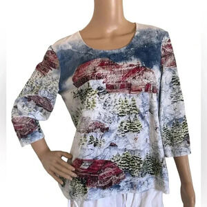 Chicos Vintage Winter Wonderland Ski Snow Wearable Art Cotton Stretch Top Size 2